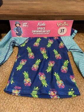 New UV Skinz Kids 3 Pc Swimwear Set Hat Rashguard Top and Swim Skirt Size 3T